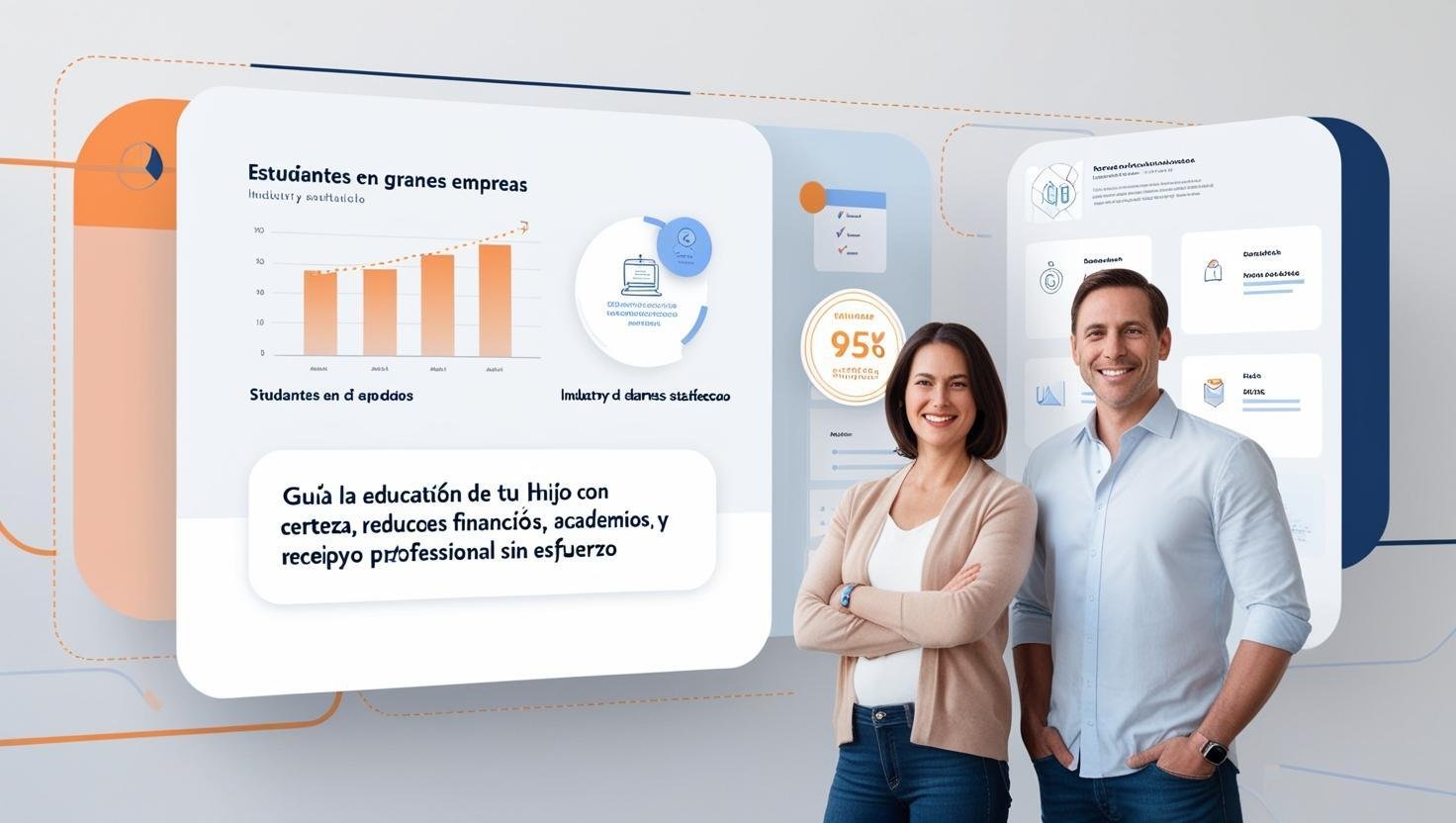 PADRES CONFIADOS Y  sonriendo  frente a una interfaz futurista de panel de control empresarial. El fondo presenta elementos digitales abstractos como líneas punteadas, gráficos y íconos (como gráficos de in